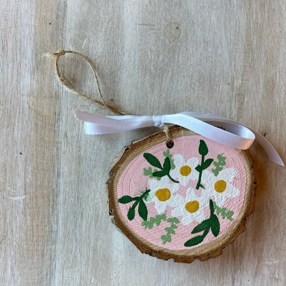 Handmade wood slice ornament, painted flowers floral design